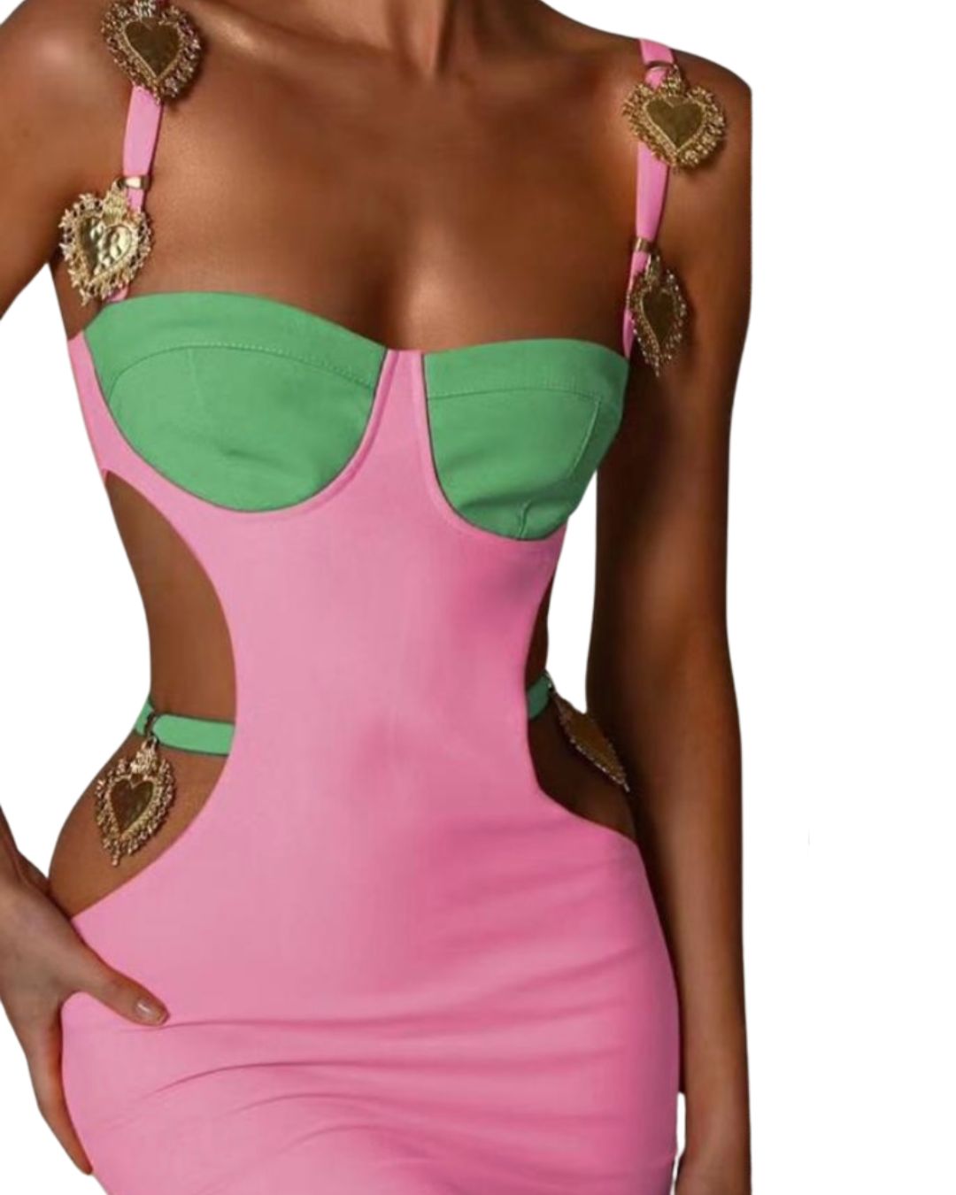 vestido mini
vestido rosa y verde
vestido con corazones dorados
ropa de fiesta
vestido ajustado
moda femenina elegante
outfit nocturno
ropa de tendencia
GV Boutique
vestido con cortes laterales