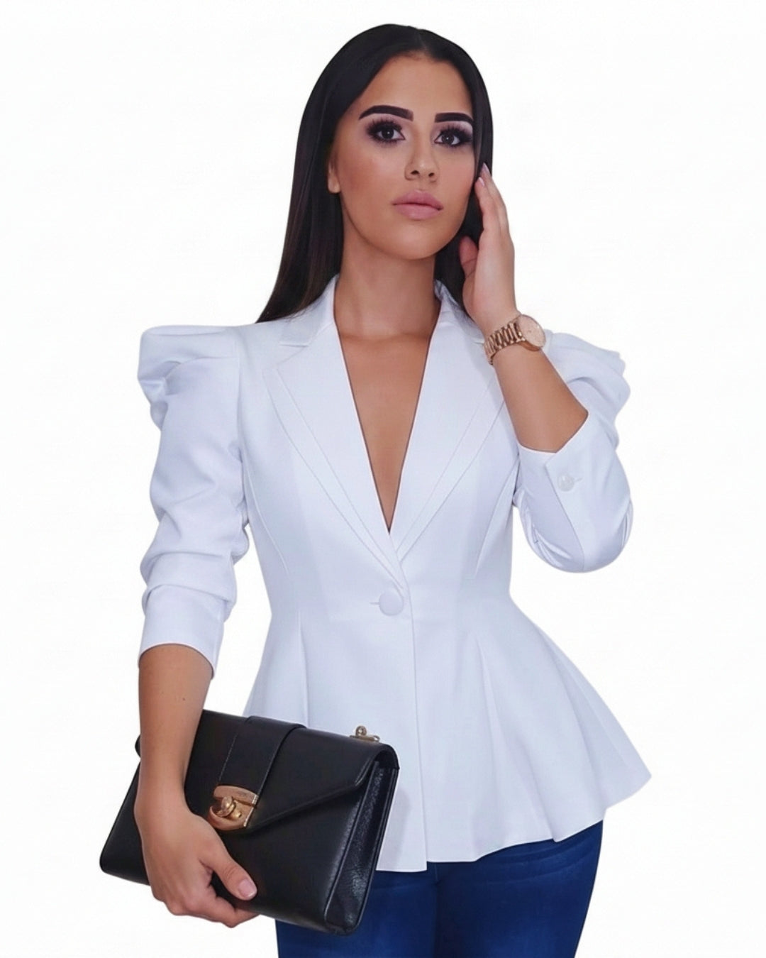 Élisse — blazer blanco estructurado con mangas de volantes y corte peplum