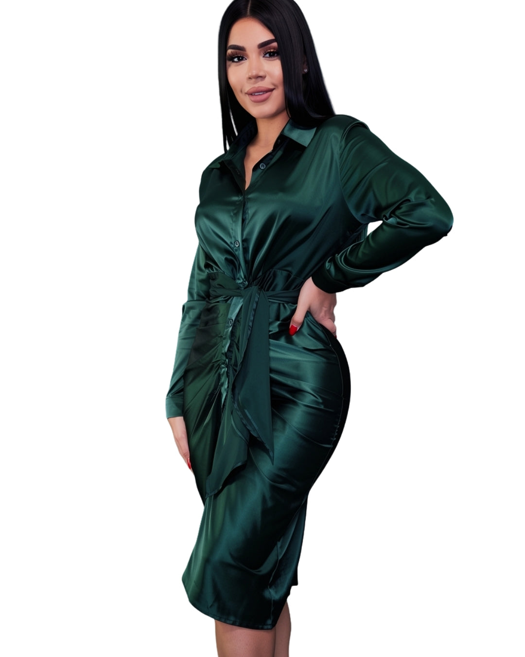 Verenna — vestido camisero satinado verde con lazo en cintura y caída elegante