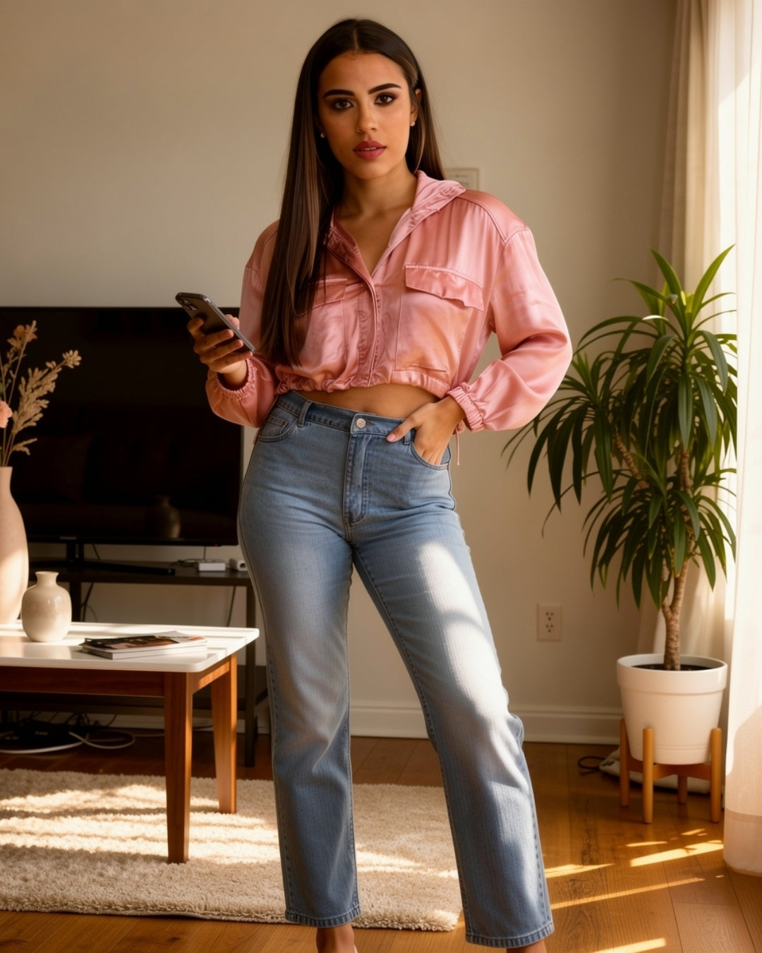 Sorelle — blusa satinada crop con cordón ajustable