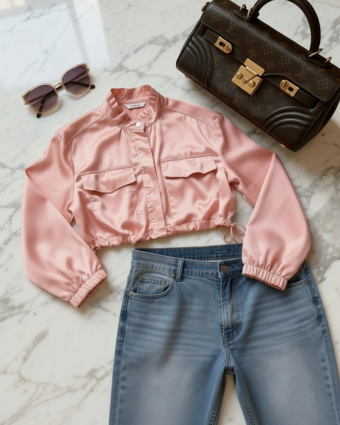 Sorelle — blusa satinada crop con cordón ajustable