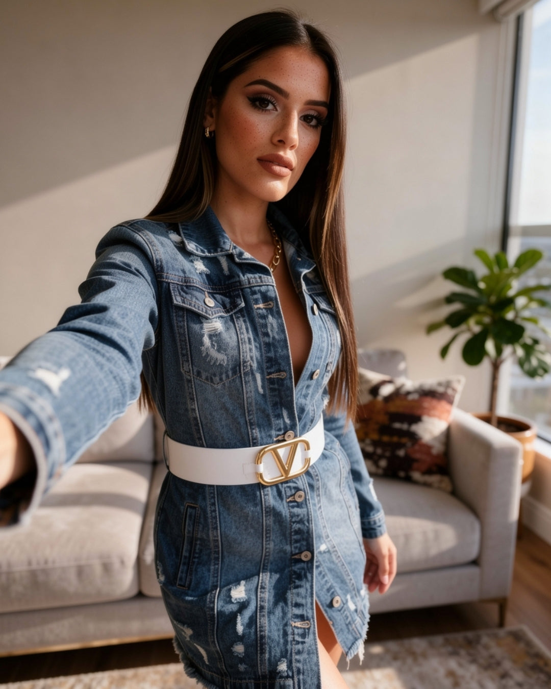 Denara — jacket largo de mahón con efecto desgastado y botones