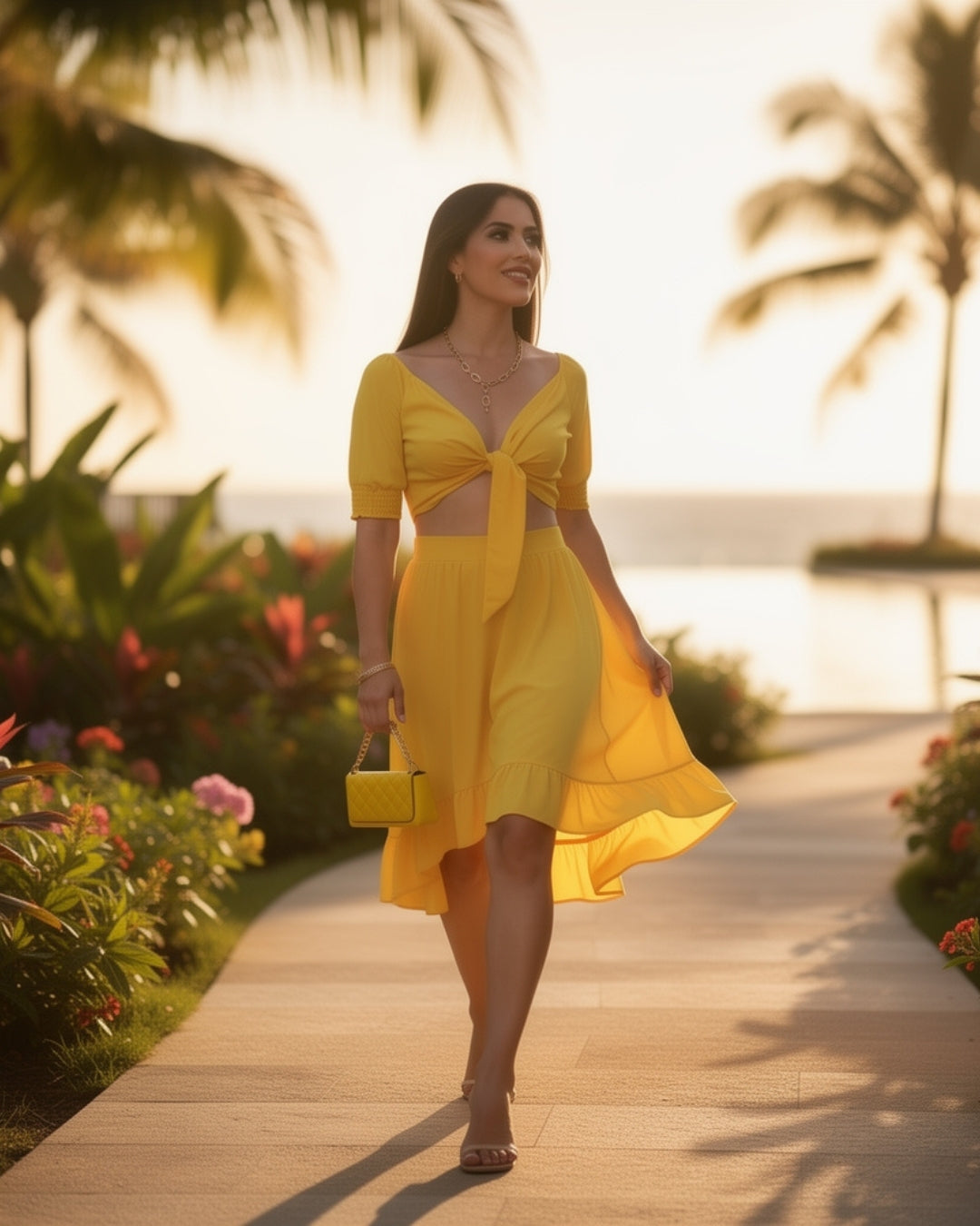 Solène — conjunto de dos piezas con top de lazo y falda midi con volantes