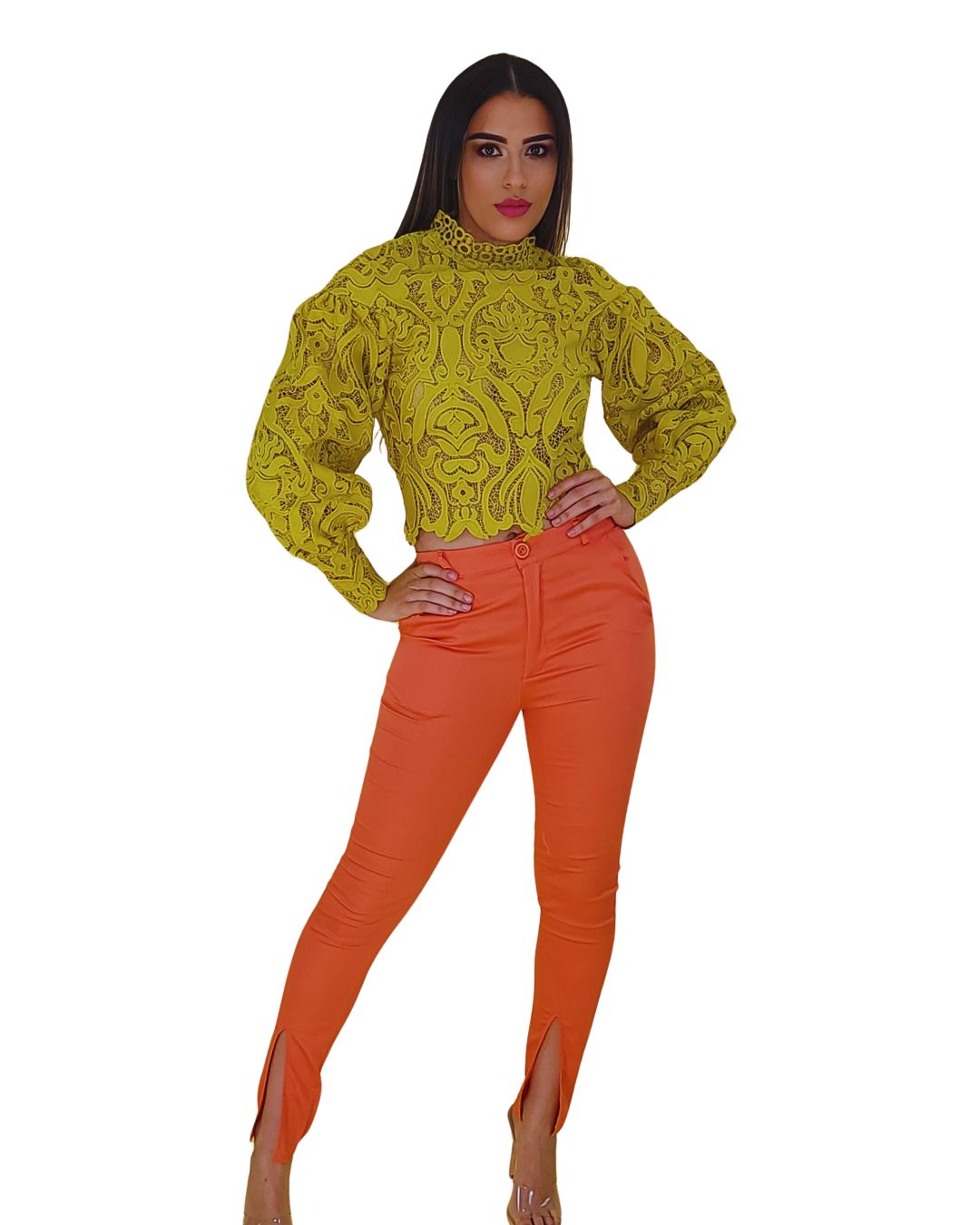 Blusa de Encaje Bordado con Cuello Alto y Manga Larga Verde Mostaza