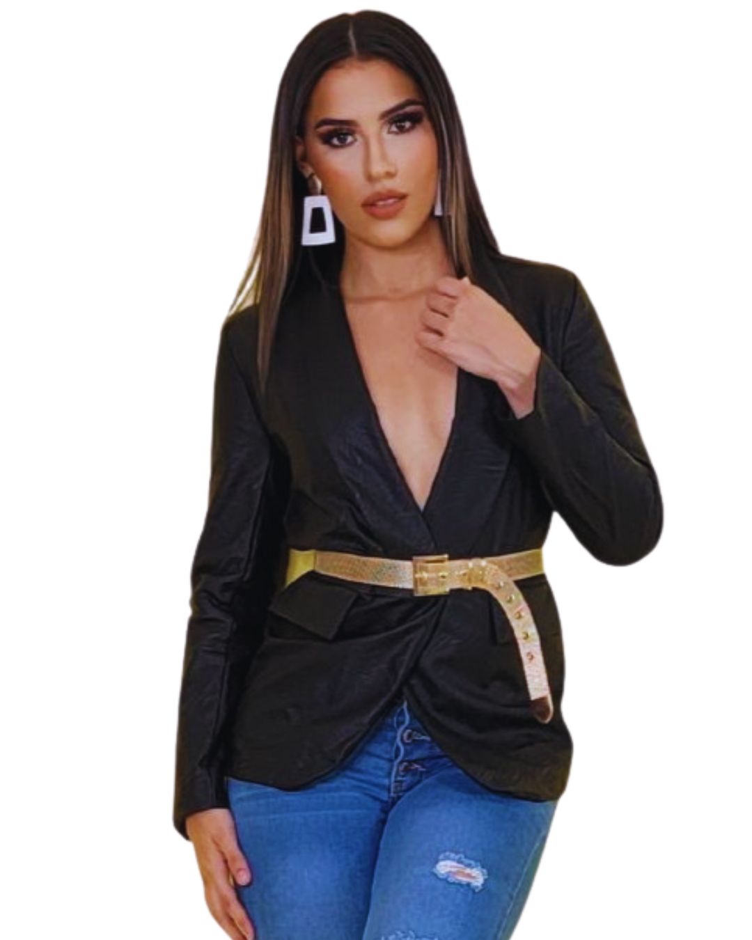 Blazer cuero sintético
Chaqueta negra mujer
Blazer largo moderno
Corte entallado
Blazer elegante
Look sofisticado
Chaqueta casual chic
Outerwear femenino
Estilo contemporáneo
GV Boutique
