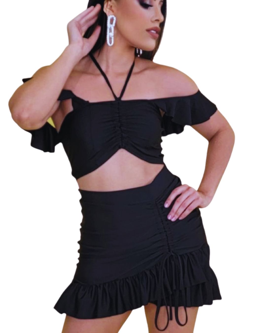 Conjunto de dos piezas
Top off shoulder
Falda con volante
Conjunto negro mujer
Look de noche
Outfit femenino
Estilo fruncido
Moda elegante
Hecho en México
GV Boutique
