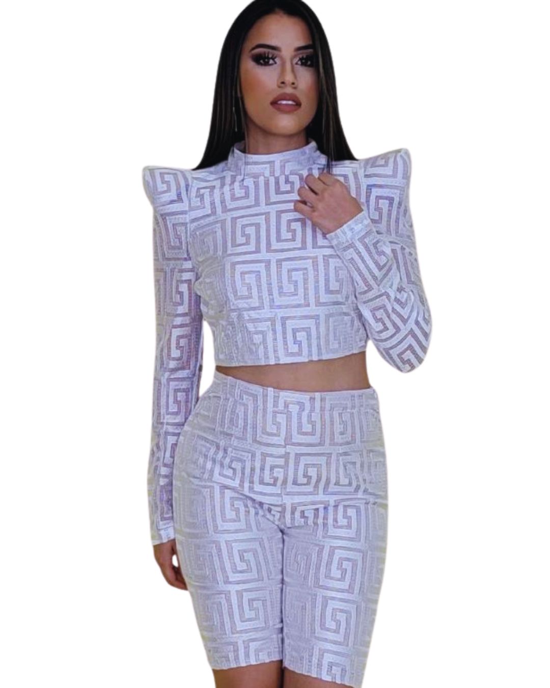 Conjunto de Top con Hombros Estructurados y Biker Shorts Blanco y Negro