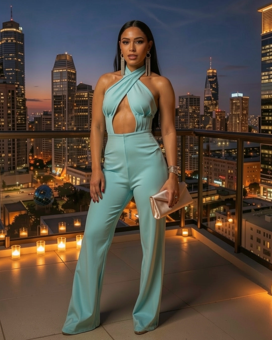 Aqualis — jumpsuit aqua halter cruzado con abertura frontal