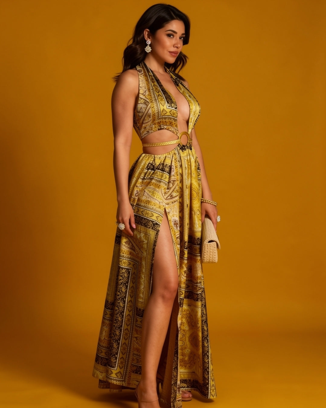 Zahara — vestido maxi halter con print y detalle de cadenas