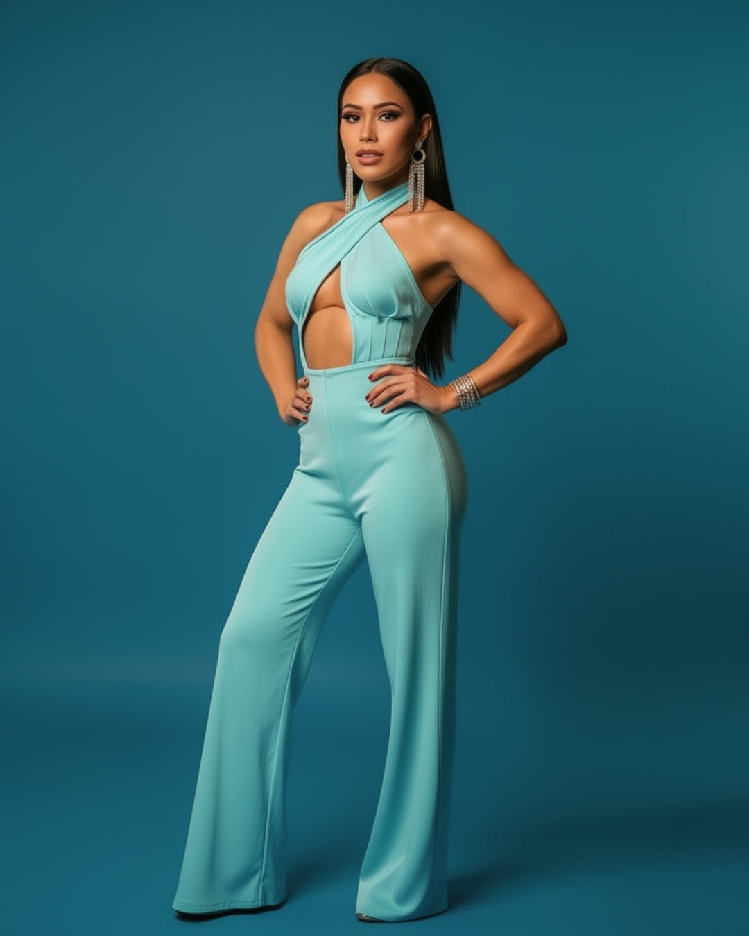 Aqualis — jumpsuit aqua halter cruzado con abertura frontal