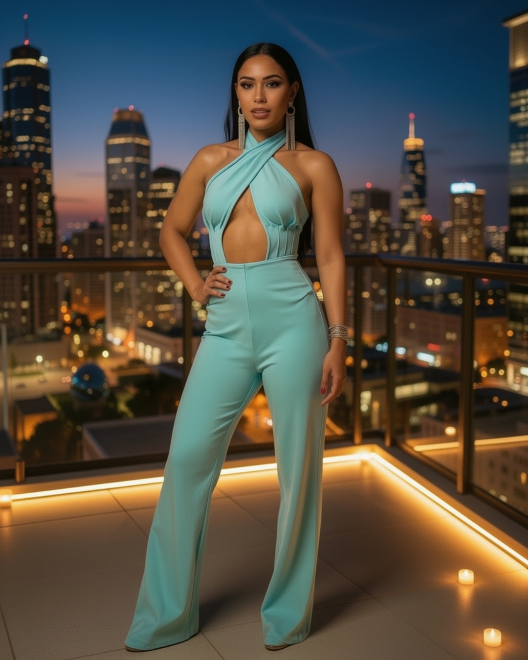 Aqualis — jumpsuit aqua halter cruzado con abertura frontal