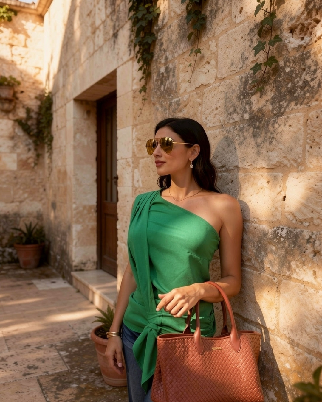 Emma — blusa asimétrica de un hombro con nudo en la cintura