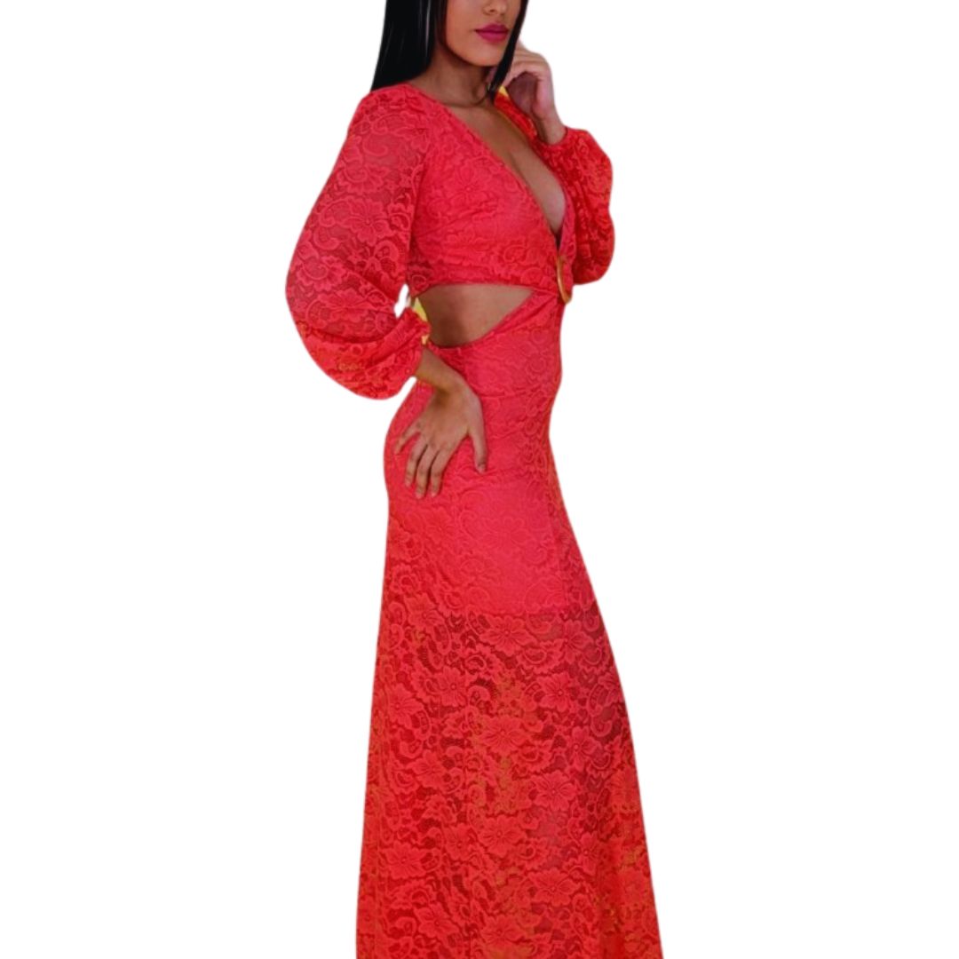 Vestido maxi coral
Vestido de encaje largo
Vestido escote profundo
Vestido elegante mujer
Vestido de gala
Vestido de noche romántico
Vestido con cinturón
Moda femenina premium
Outfit sofisticado
GV Boutique