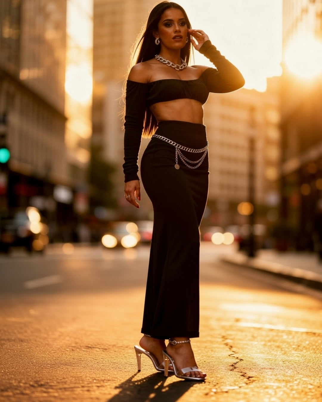 Alia — set negro de hombros descubiertos y falda maxi