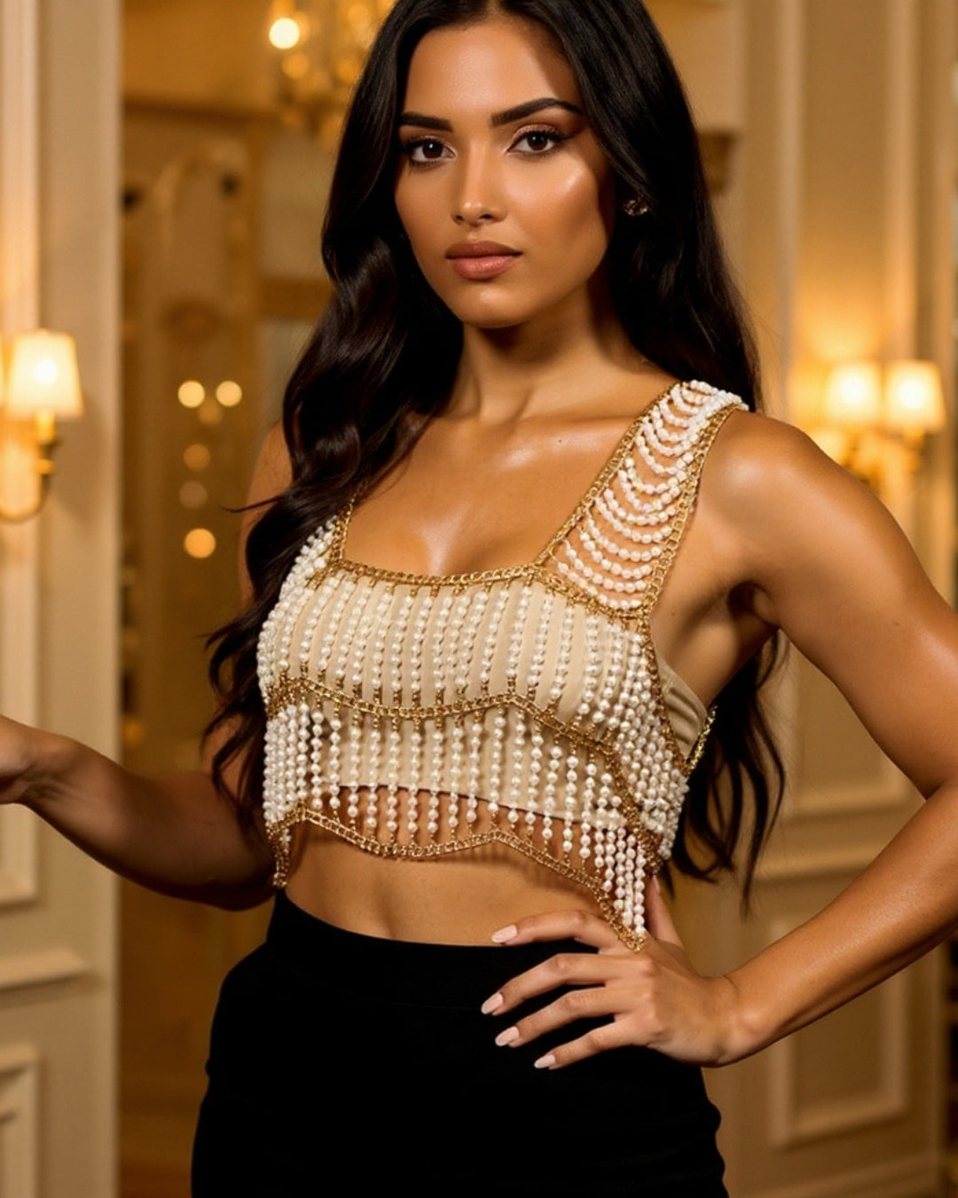 Isolde — top boho de cadenas doradas con perlas