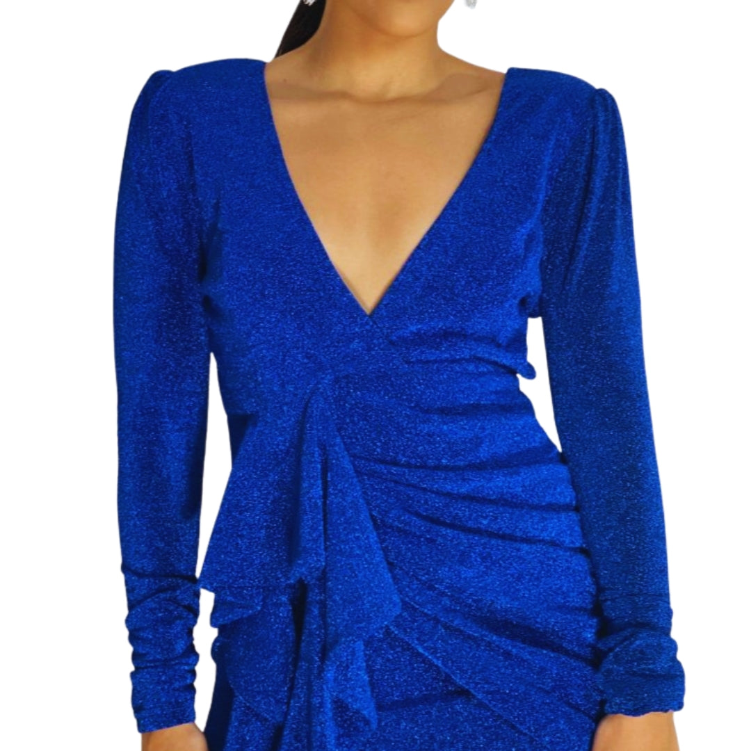 vestido azul real
vestido mini con volantes
vestido escote en V
vestido de noche
vestido manga larga
ropa elegante mujer
vestido fiesta azul
vestido sensual
vestido con brillo
moda femenina noche