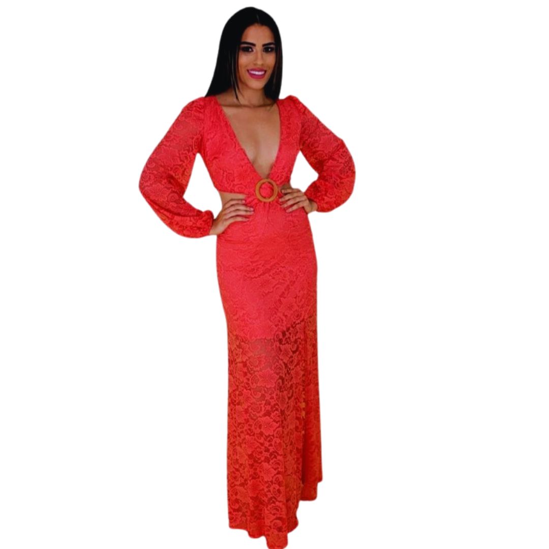 Vestido maxi coral
Vestido de encaje largo
Vestido escote profundo
Vestido elegante mujer
Vestido de gala
Vestido de noche romántico
Vestido con cinturón
Moda femenina premium
Outfit sofisticado
GV Boutique