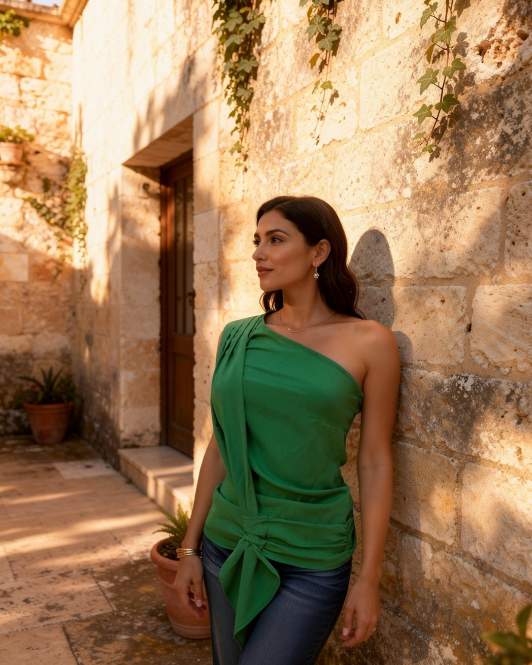 Emma — blusa asimétrica de un hombro con nudo en la cintura