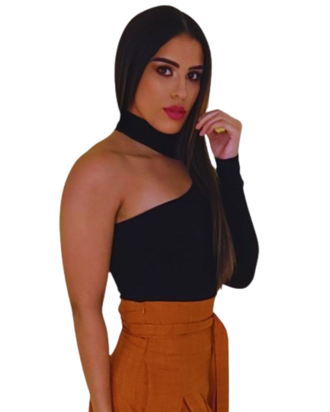 Kaelis — top negro asimétrico de un hombro con cuello cruzado