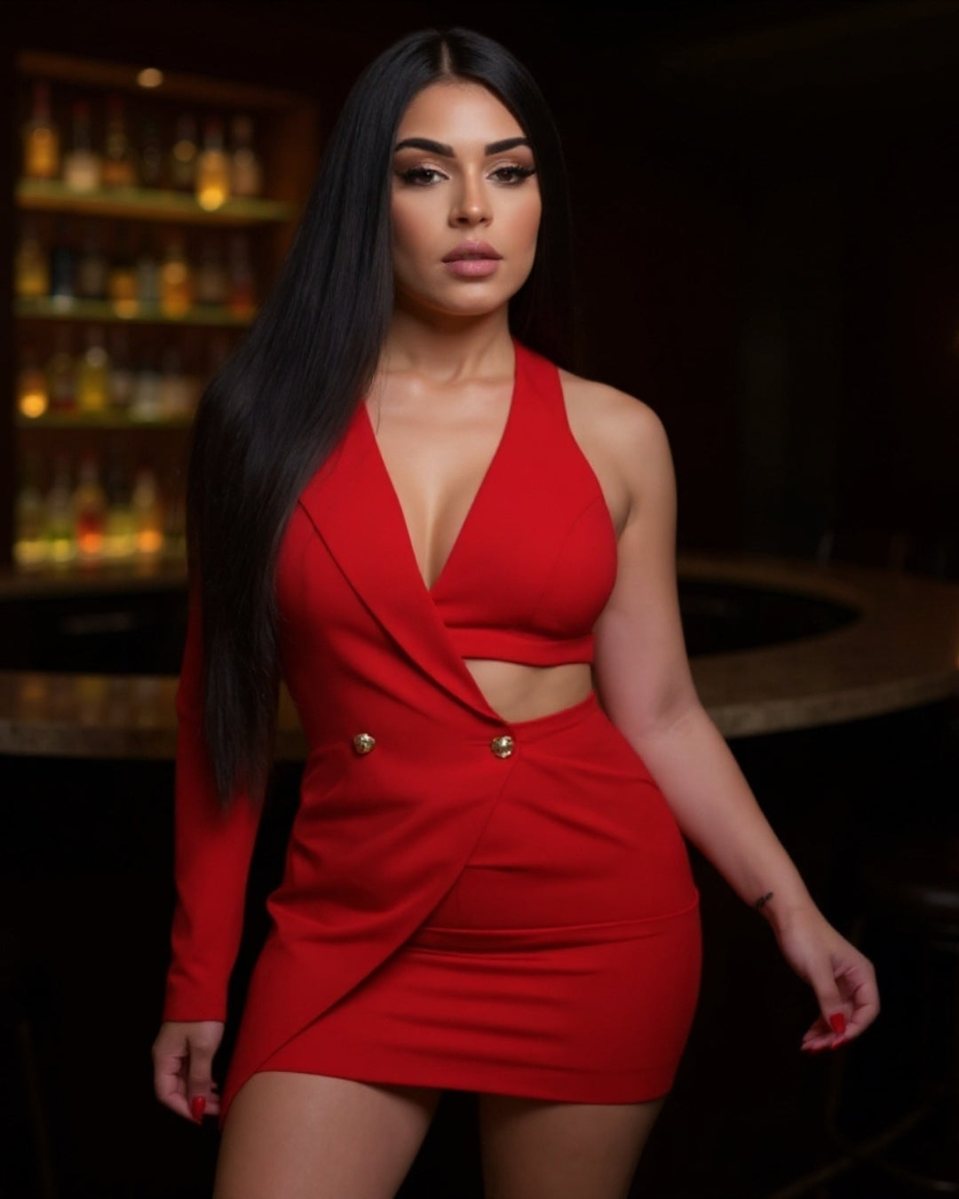 Valentia — vestido tipo blazer rojo asimétrico con escote halter y botones dorados