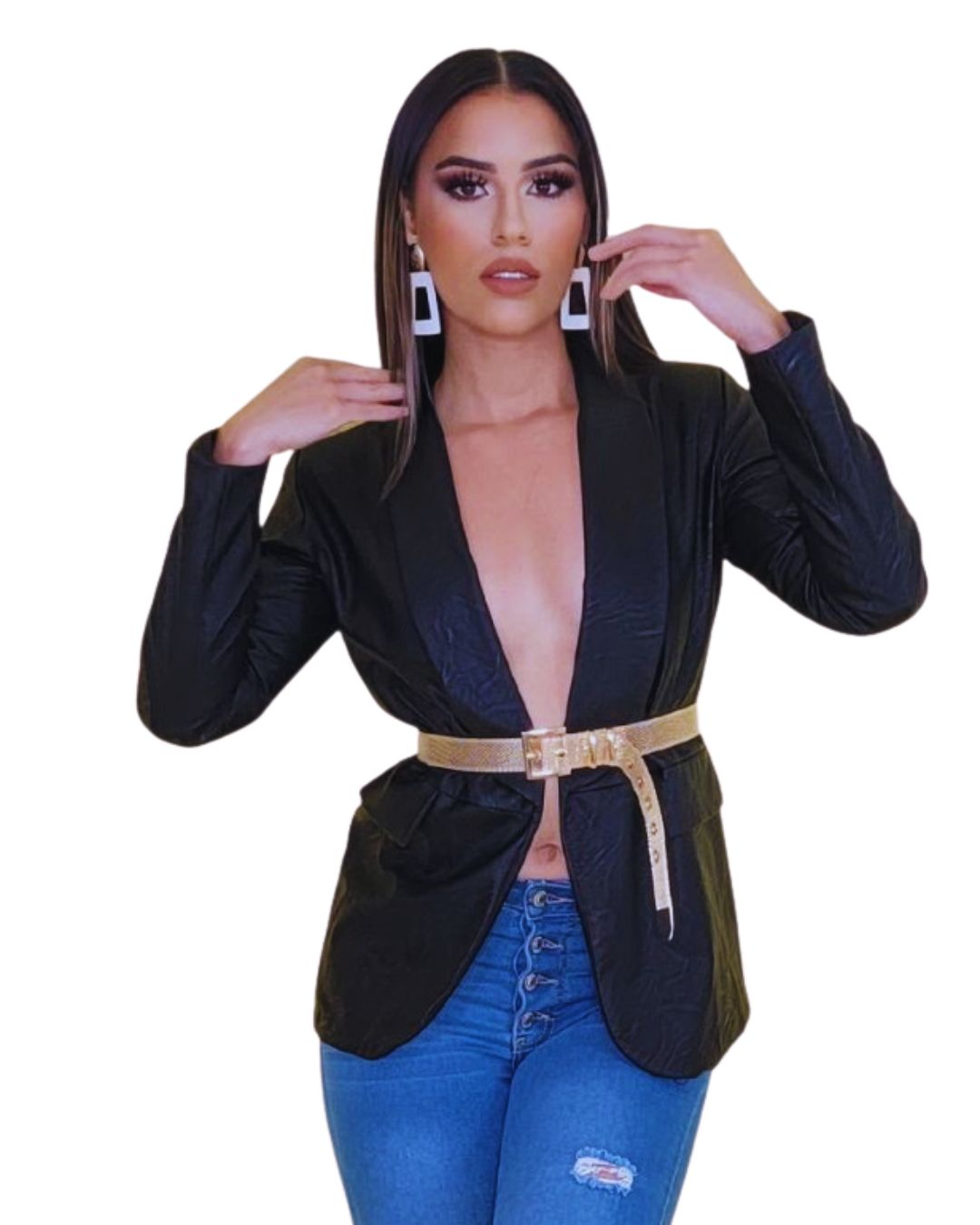 Blazer cuero sintético
Chaqueta negra mujer
Blazer largo moderno
Corte entallado
Blazer elegante
Look sofisticado
Chaqueta casual chic
Outerwear femenino
Estilo contemporáneo
GV Boutique