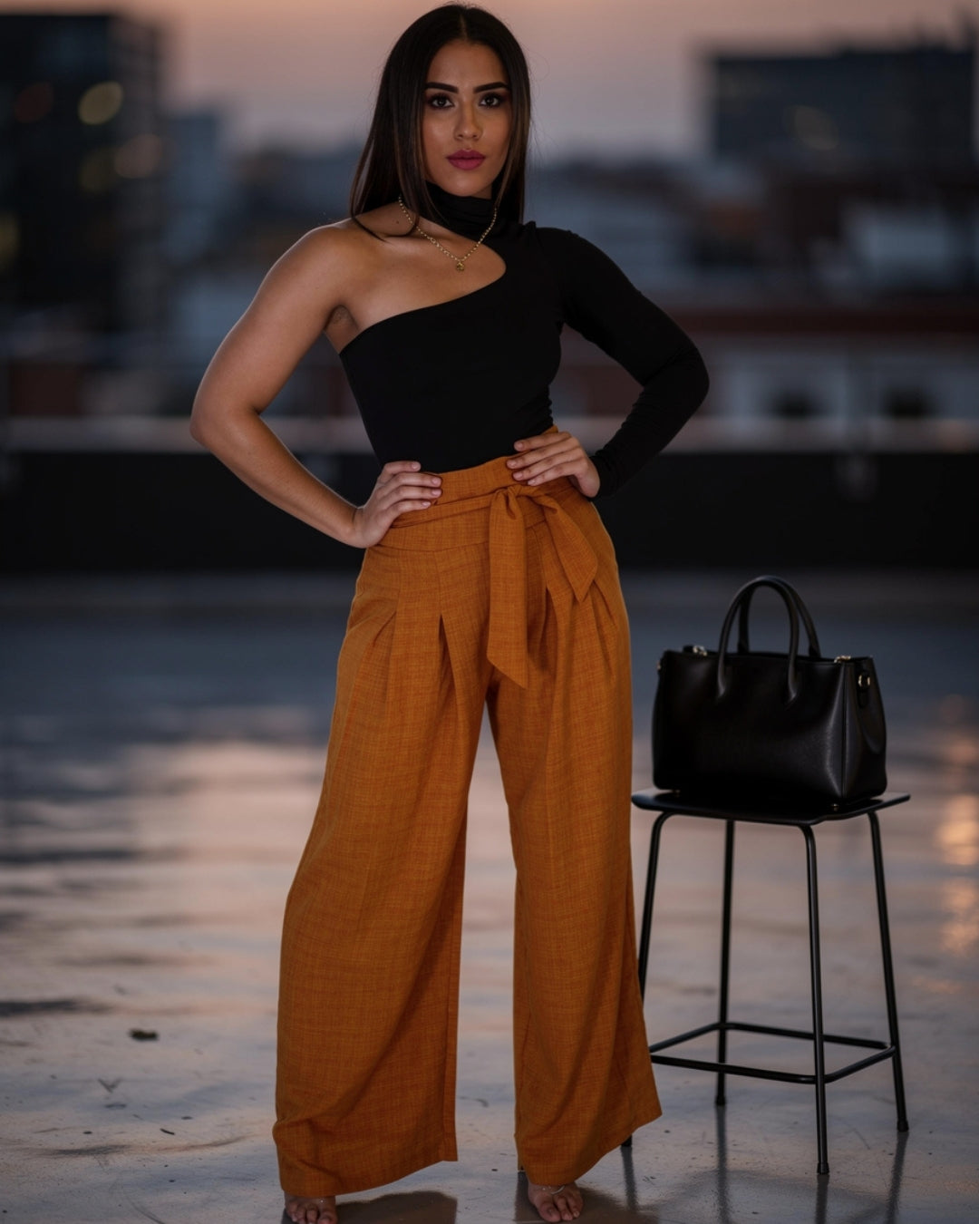 Terra — pantalón palazzo terracota de tiro alto con lazo ajustable