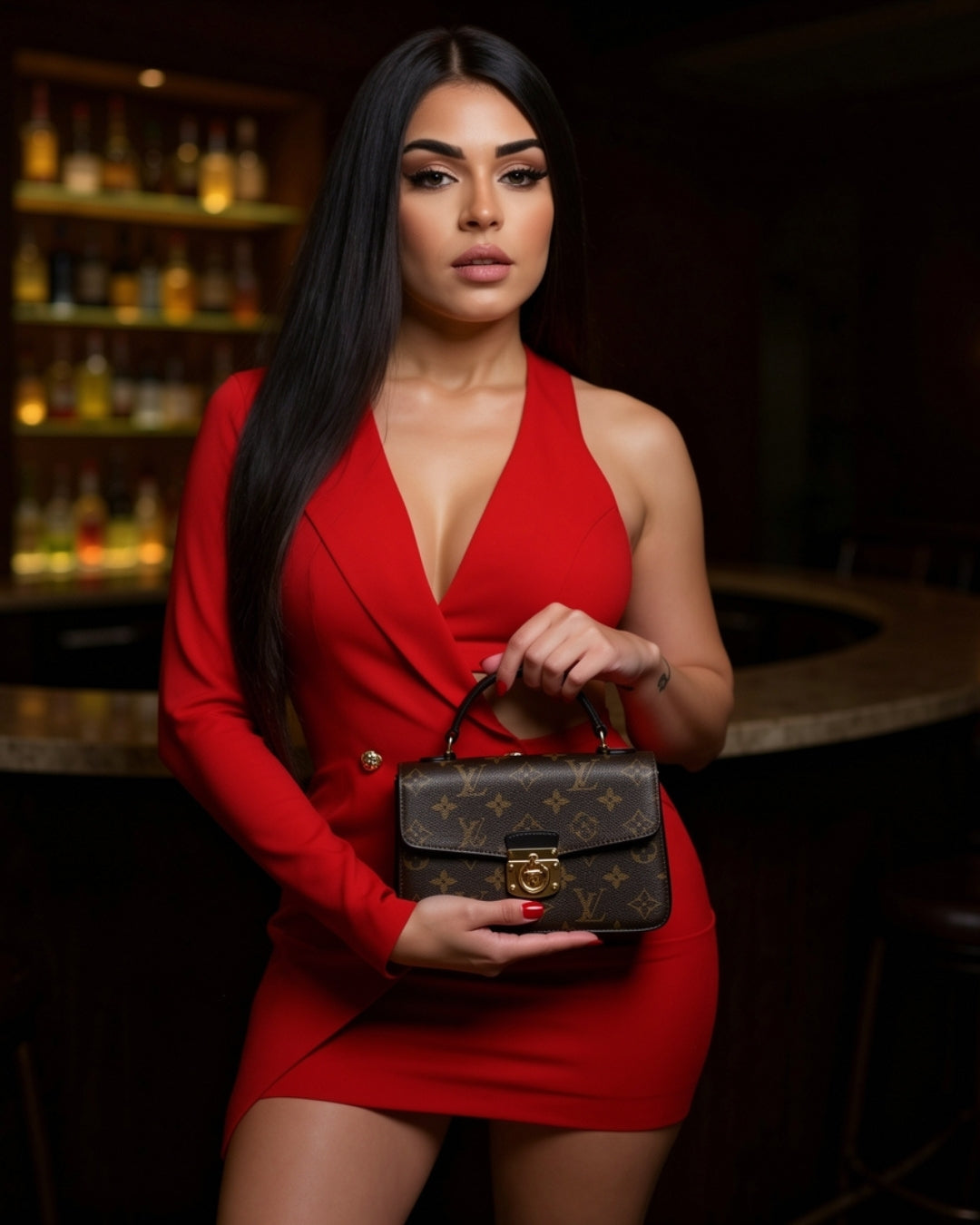 Valentia — vestido tipo blazer rojo asimétrico con escote halter y botones dorados