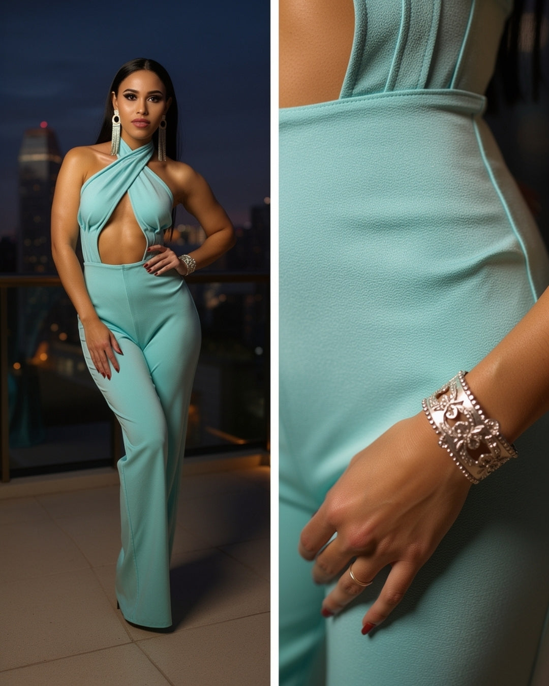 Aqualis — jumpsuit aqua halter cruzado con abertura frontal