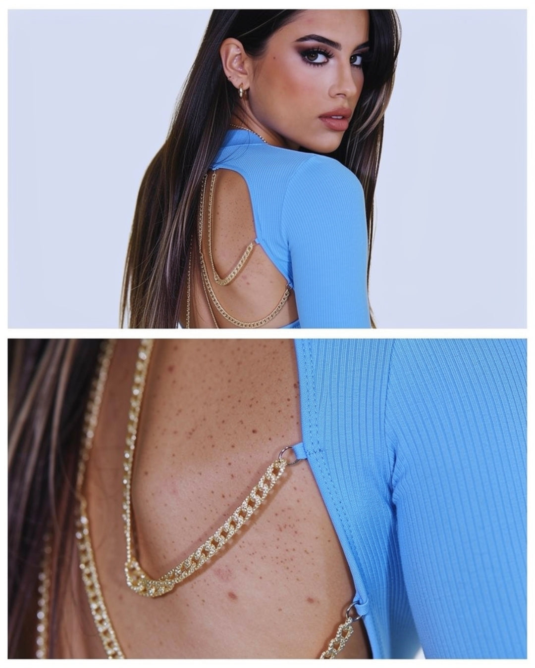 Azuriel — bodysuit azul con espalda abierta y cadenas doradas