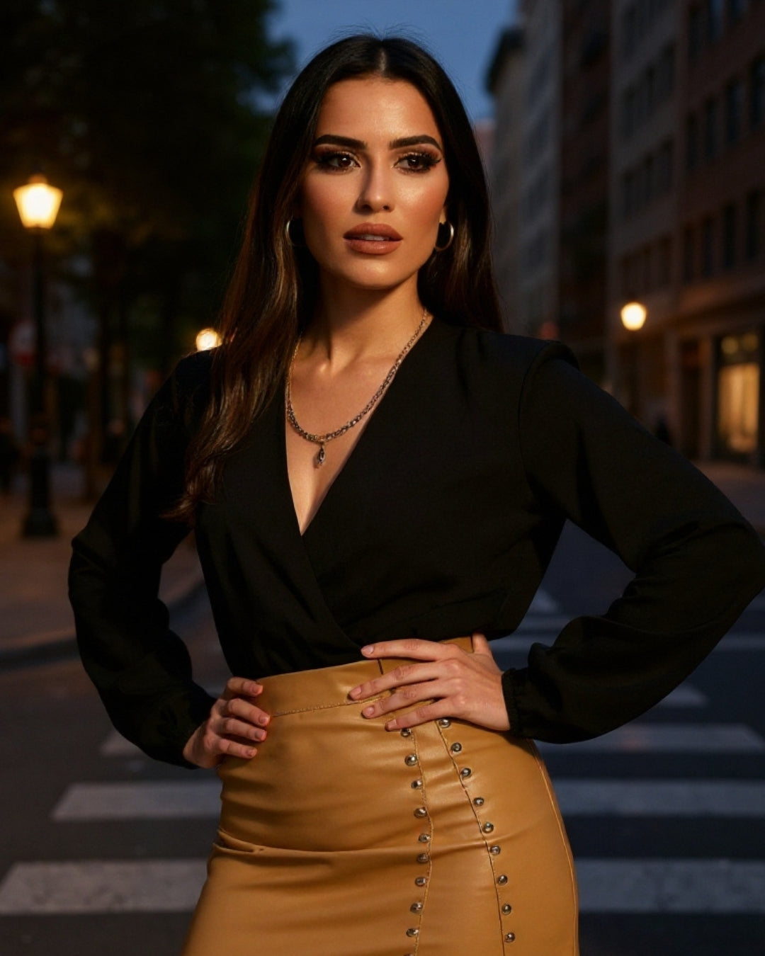 Sahara — bodysuit negro de manga larga con escote cruzado