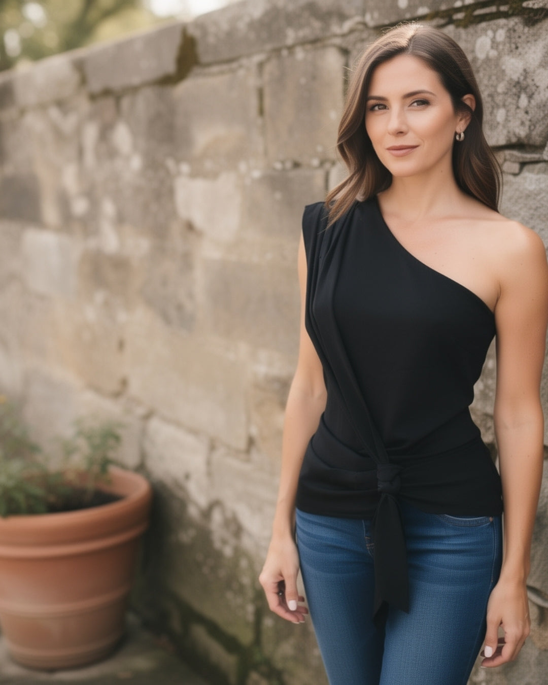 Emma — blusa asimétrica de un hombro con nudo en la cintura