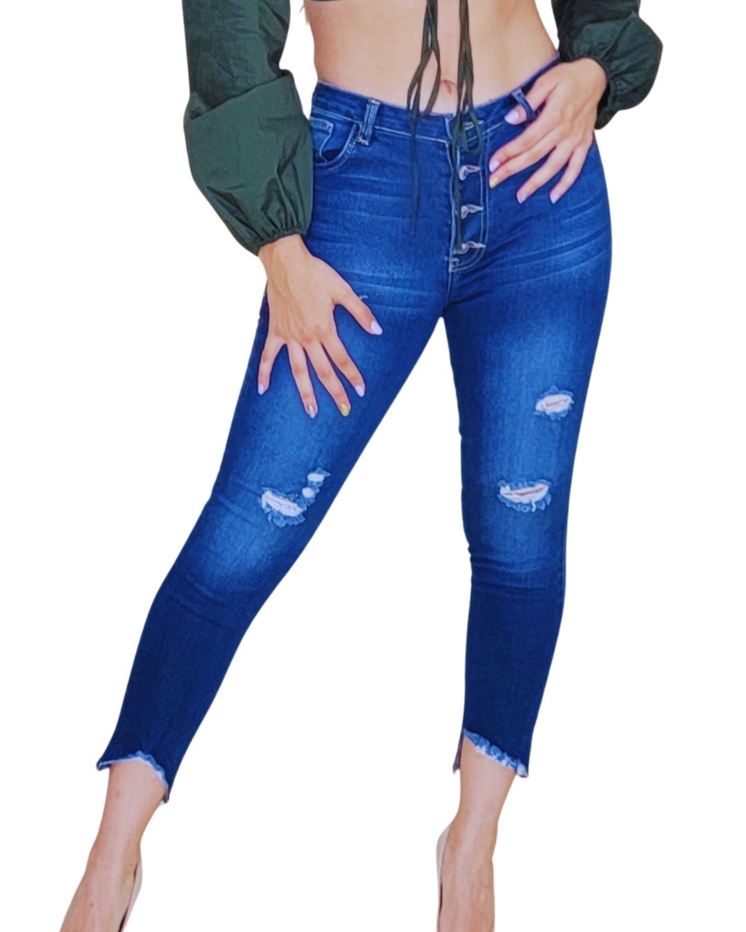 Jean skinny mujer
Jean azul stretch
Pantalón con botones
Denim moldeador
Tiro alto
Jean entallado
Look casual moderno
Ropa femenina
Jean versátil
GV Boutique