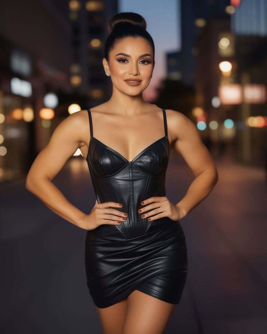 Vera — vestido corsé negro con efecto cuero y drapeado asimétrico