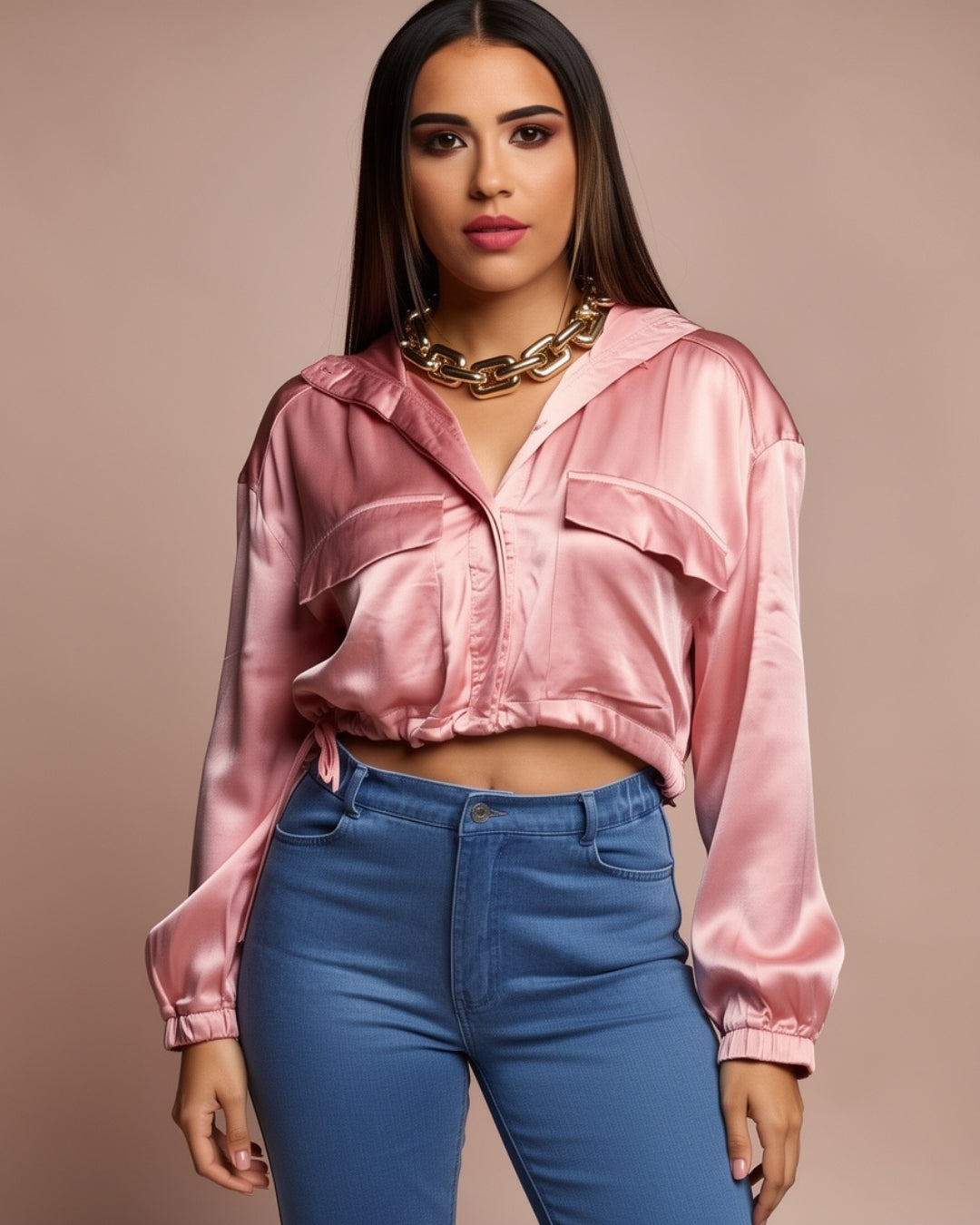 Sorelle — blusa satinada crop con cordón ajustable