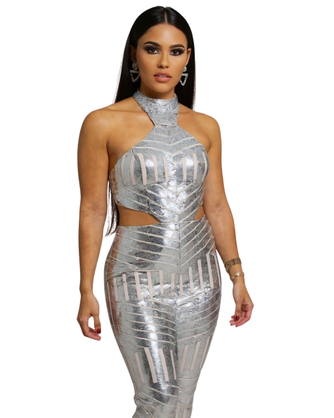 Celestia — mono halter plateado con lentejuelas y aberturas laterales