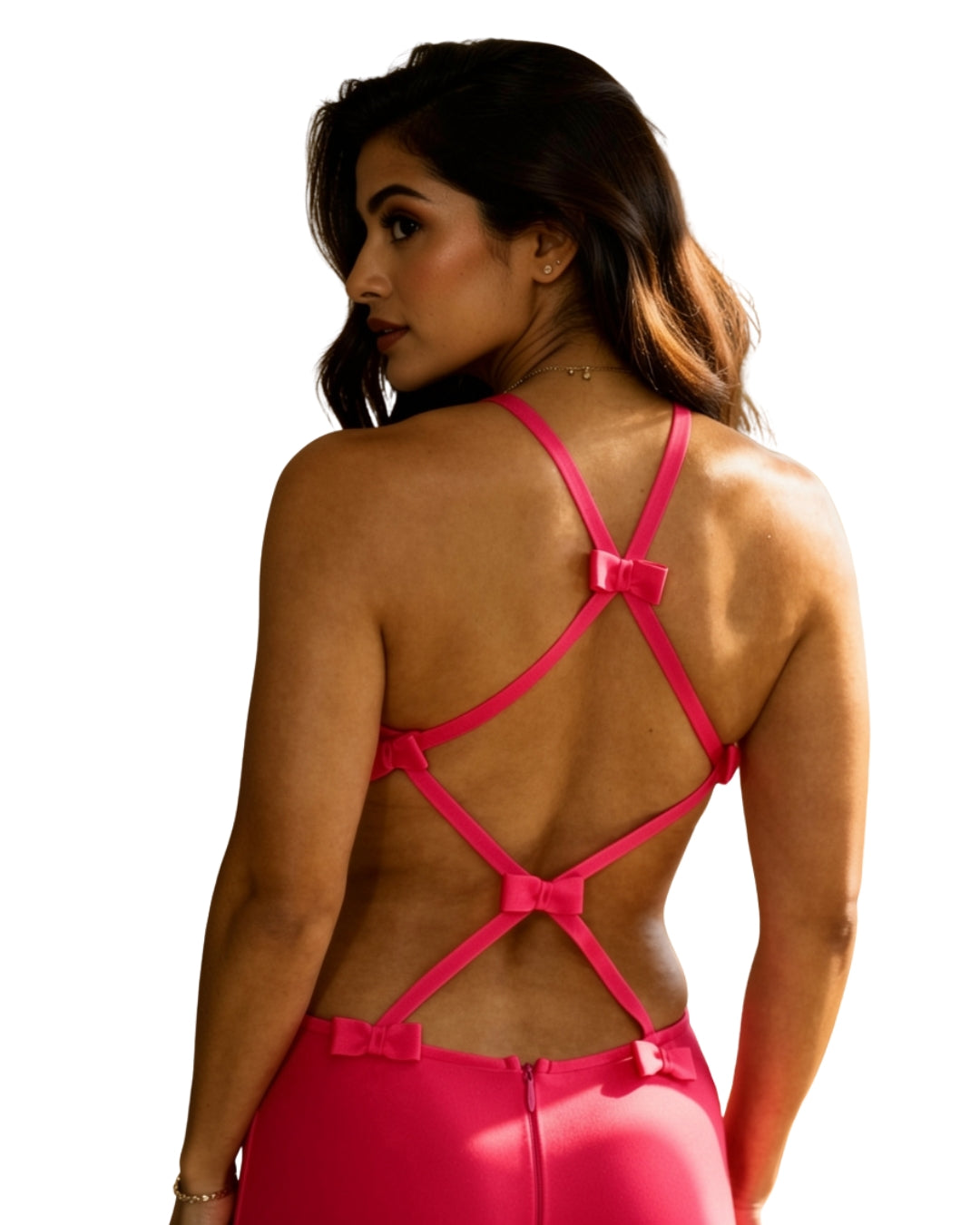 Fiola — vestido mini fucsia halter con cut-outs y lazos cruzados