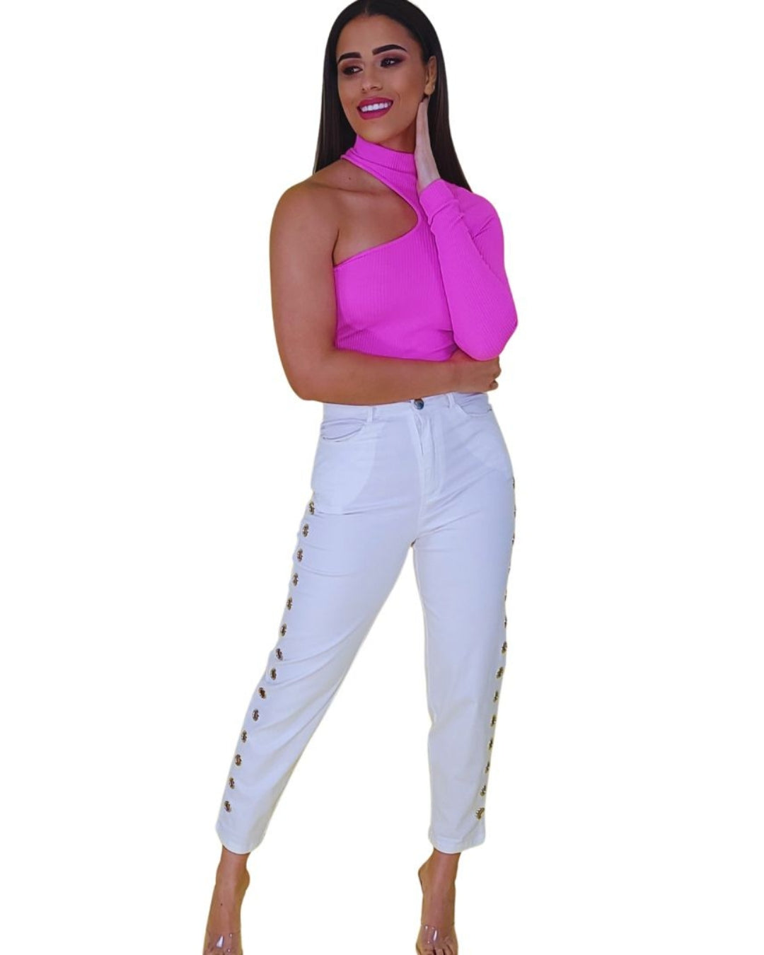 Elowen — pantalón blanco ajustado con detalles metálicos laterales