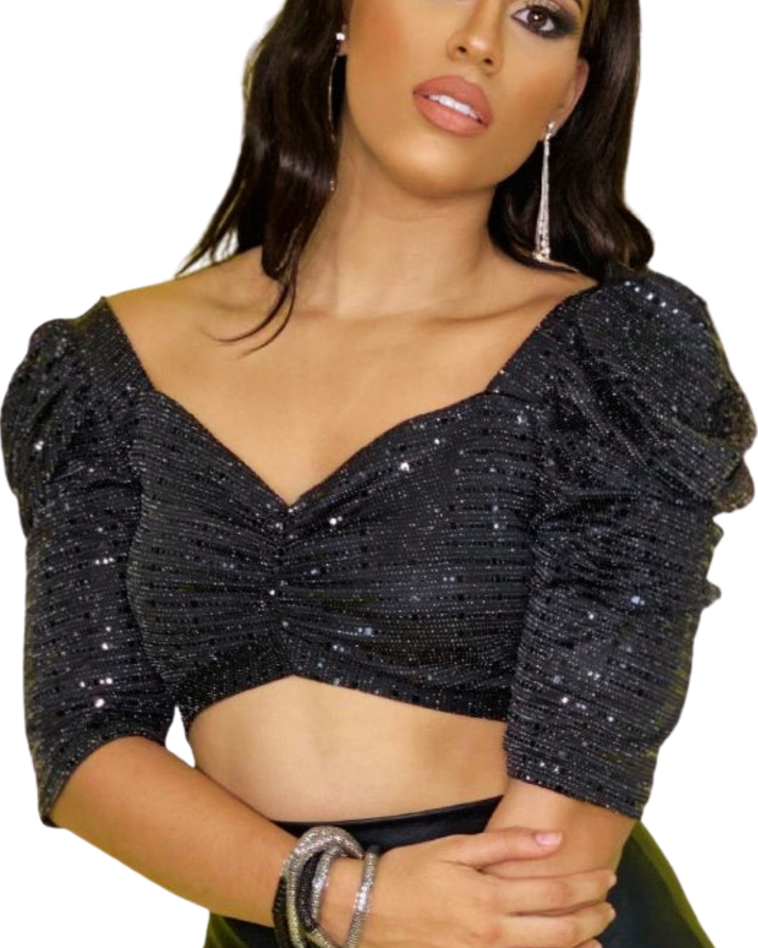 Izola — crop top de lentejuelas negras con mangas abullonadas