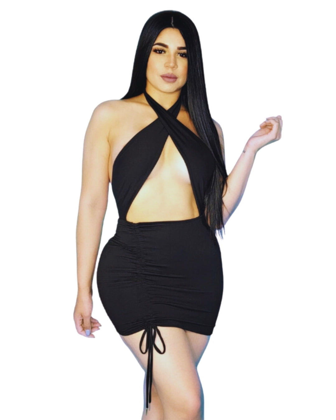 Luna — vestido mini halter con abertura y fruncido ajustable