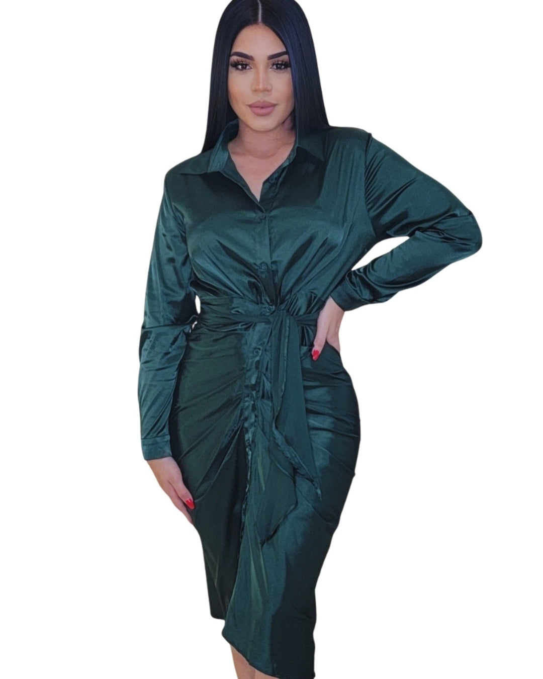 Verenna — vestido camisero satinado verde con lazo en cintura y caída elegante