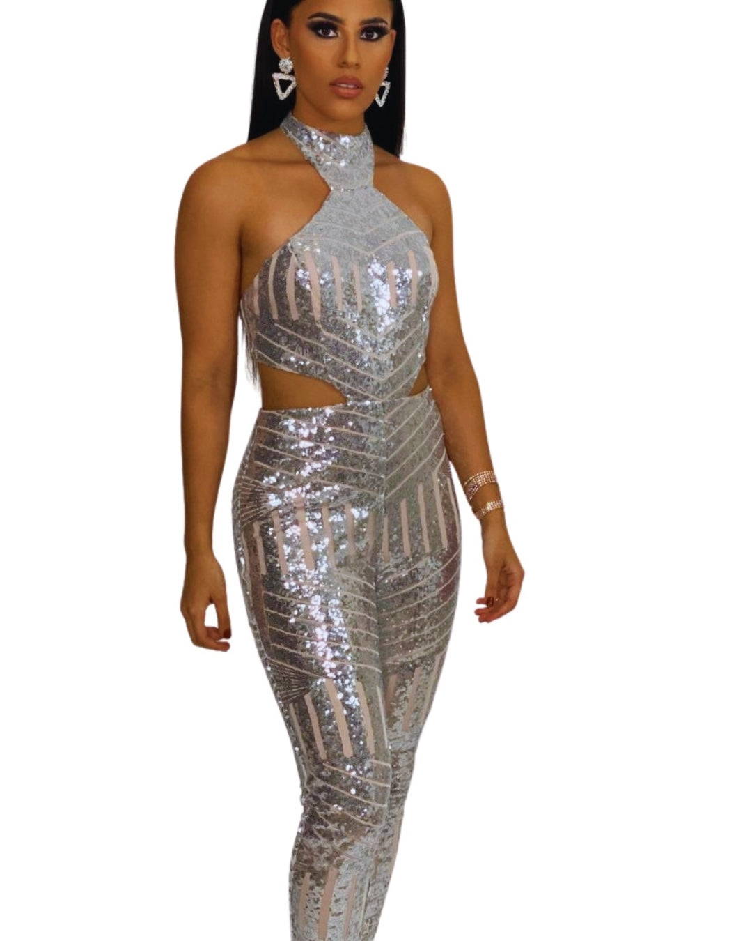 Celestia — mono halter plateado con lentejuelas y aberturas laterales