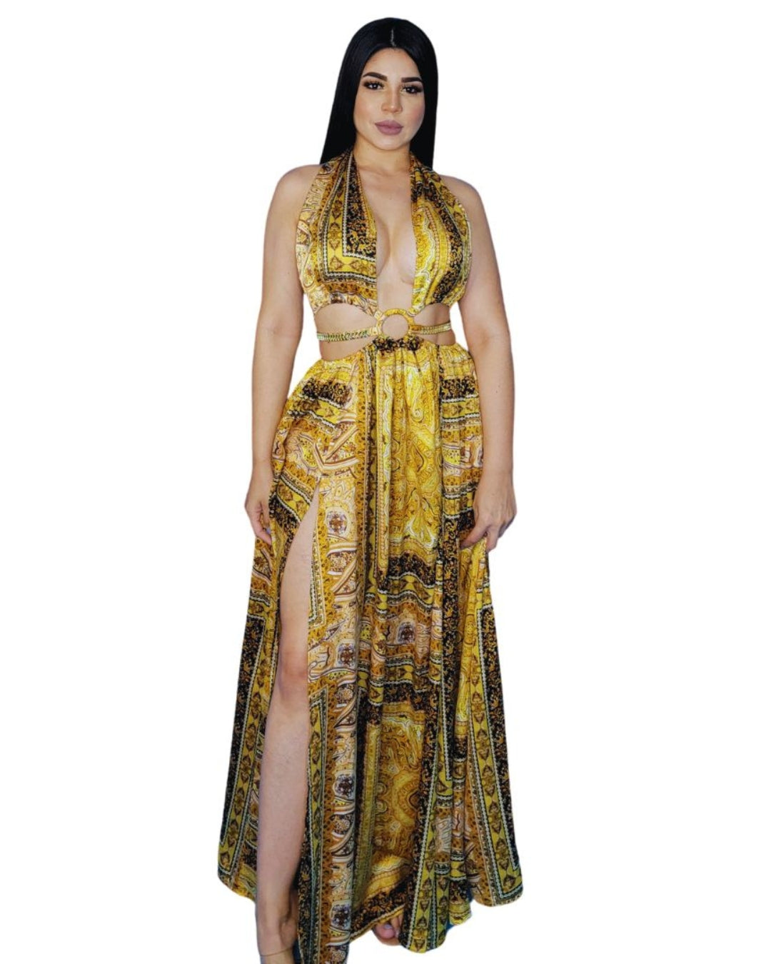 Zahara — vestido maxi halter con print y detalle de cadenas