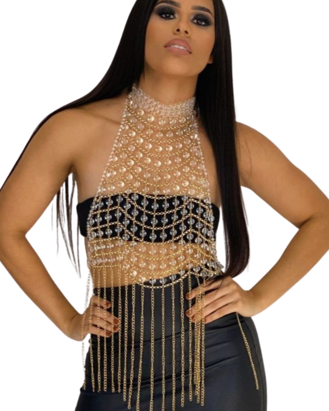 Orlena — top halter transparente con pedrería y flecos dorados