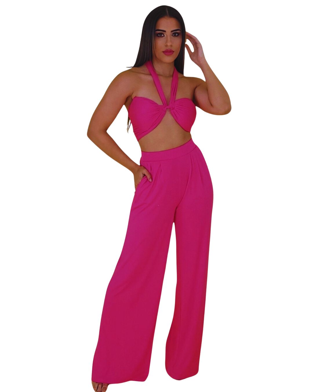 Conjunto palazzo
Crop top halter
Conjunto fucsia mujer
Outfit elegante y cómodo
Pantalón tiro alto
Top ajustable
Ropa para eventos
Look versátil
Estilo femenino
GV Boutique