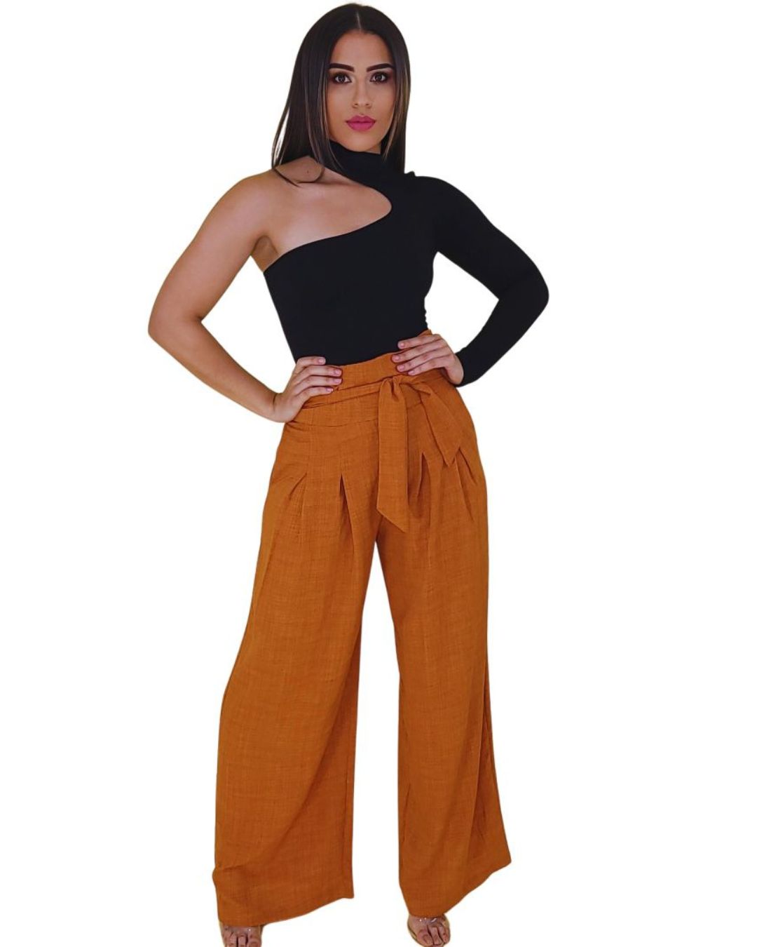 Terra — pantalón palazzo terracota de tiro alto con lazo ajustable