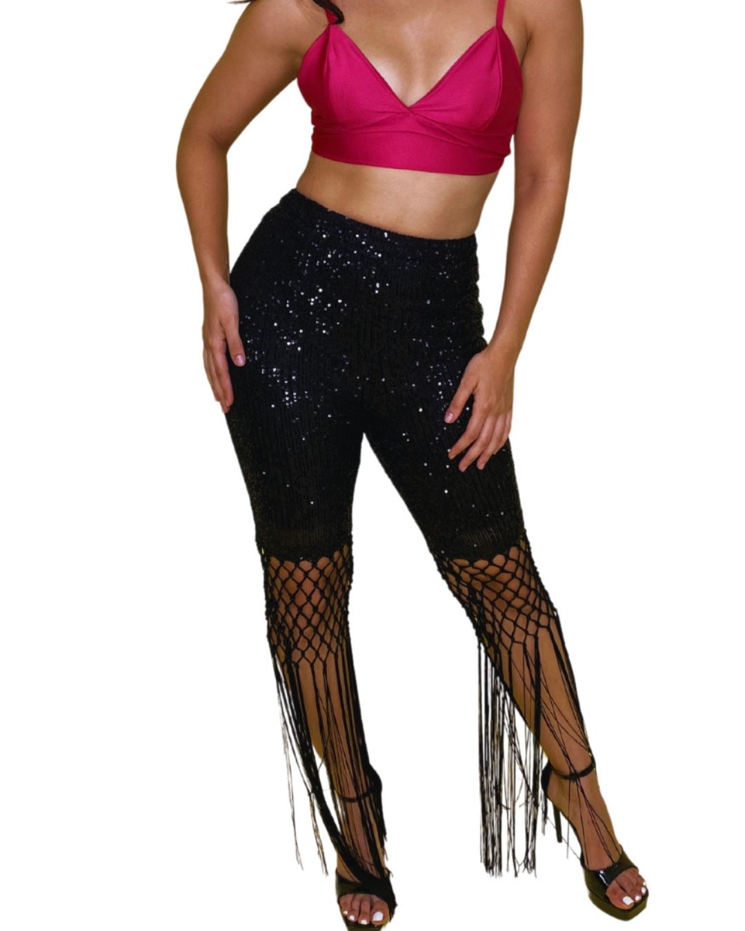 Pantalones de lentejuelas con flecos largos y tiro alto