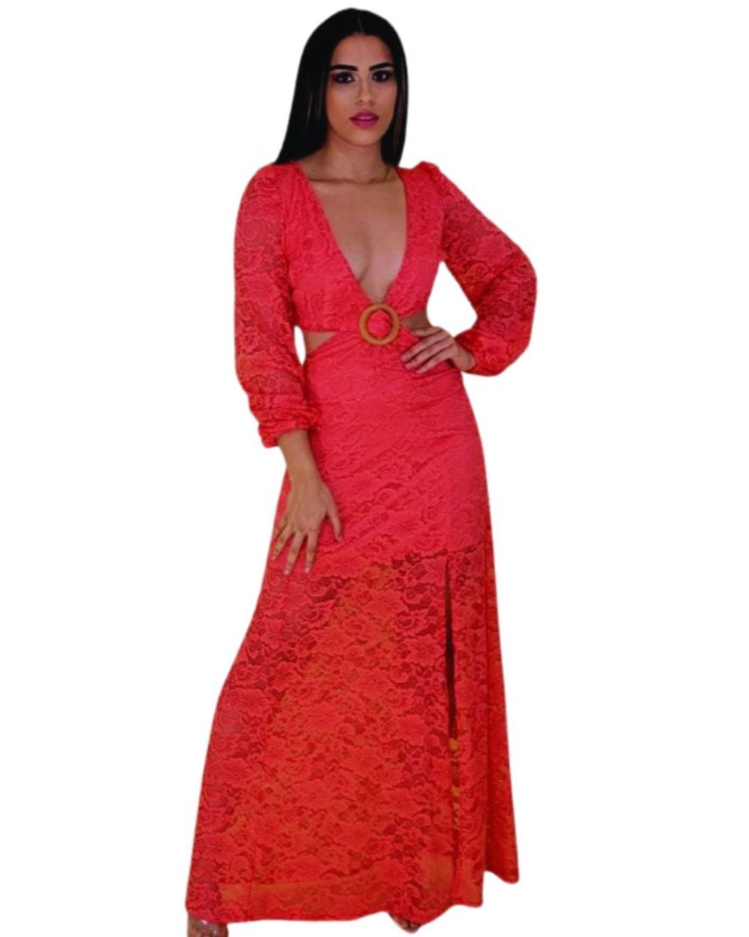 Vestido Maxi Coral de Encaje con Escote Profundo y Cinturón Decorativo