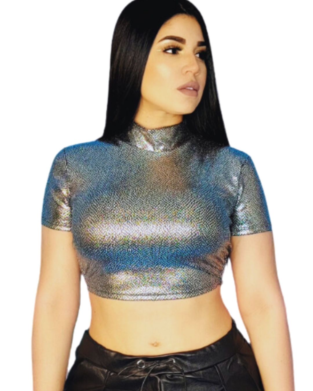 Layla — top metálico ajustado de cuello alto