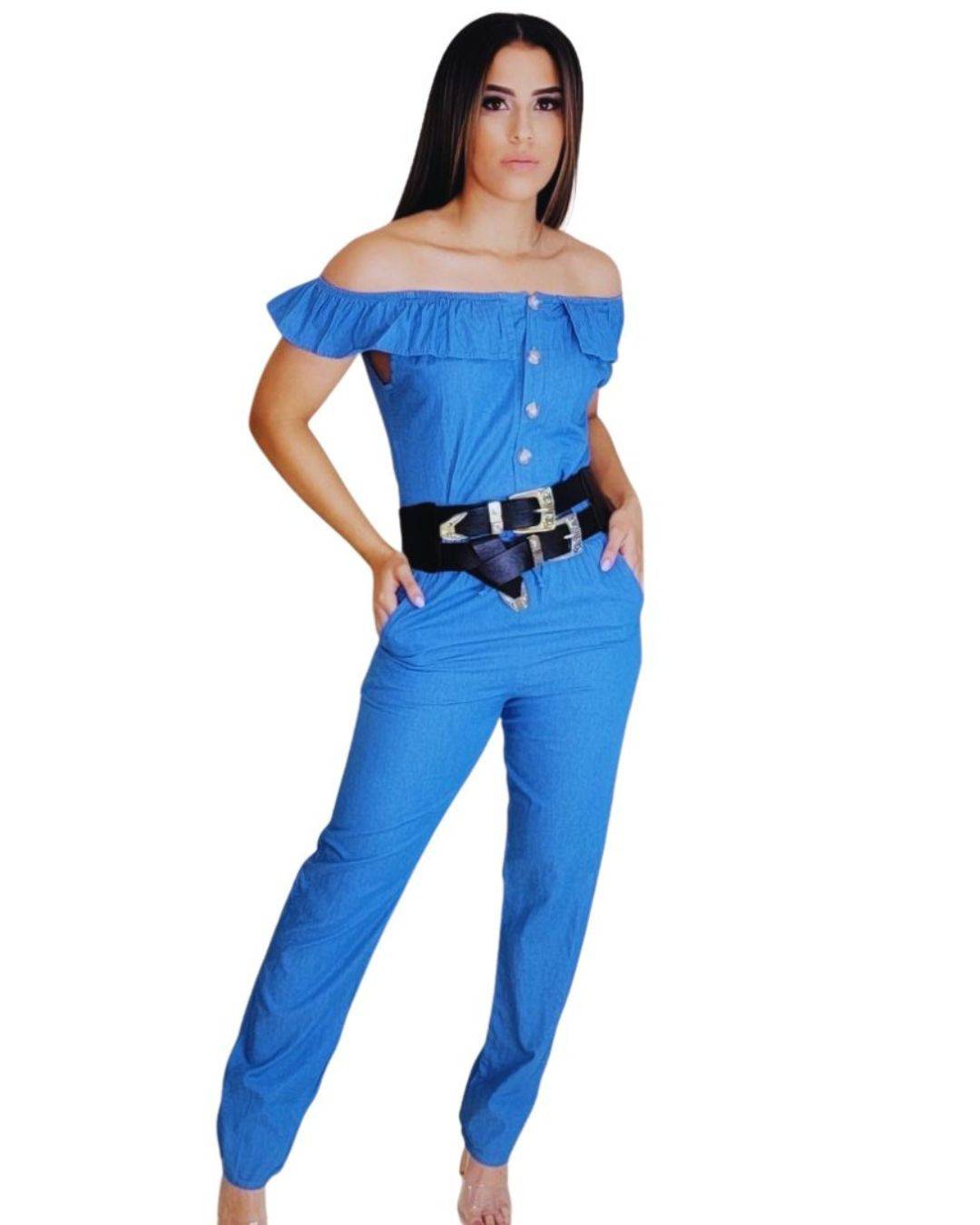 Azura — jumpsuit azul off-shoulder con botones frontales