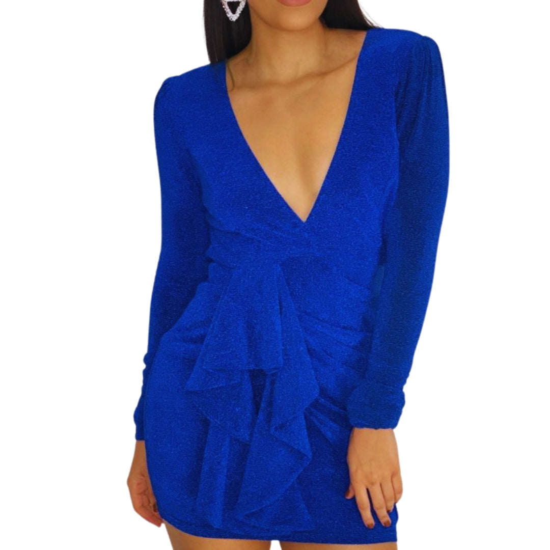 vestido azul real
vestido mini con volantes
vestido escote en V
vestido de noche
vestido manga larga
ropa elegante mujer
vestido fiesta azul
vestido sensual
vestido con brillo
moda femenina noche